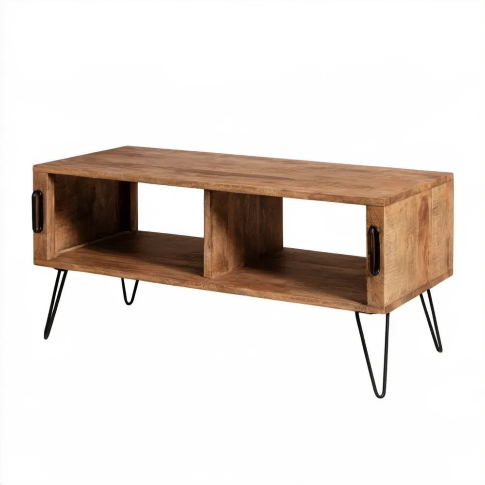 Brązowy stolik kawowy z litego drewna mango, czarne stalowe nogi, 120 x 40 x 45 cm