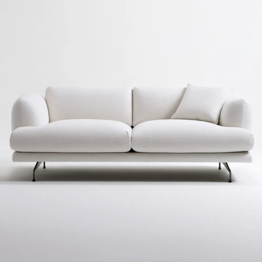 Dwuosobowa sofa bouclé ecru z czarnymi nogami, 200 × 90 × 80 cm