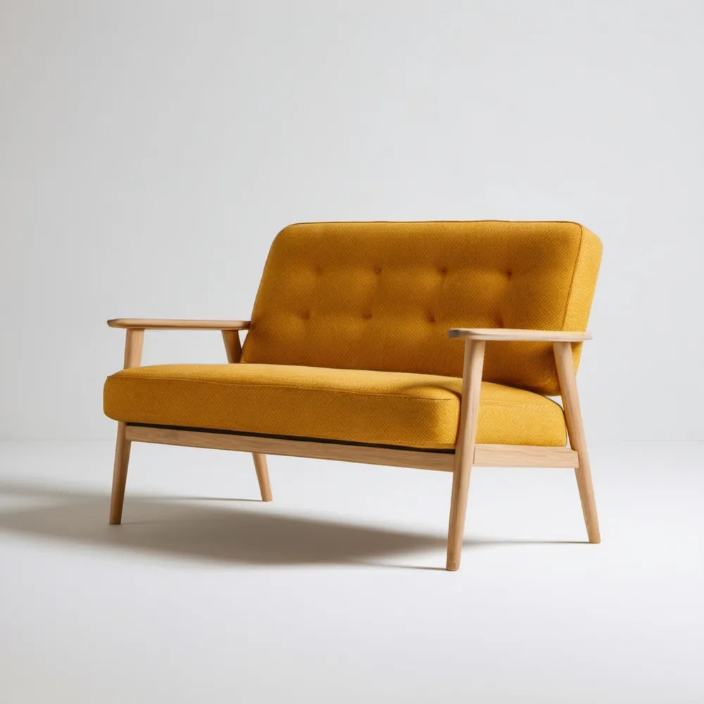 Musztardowa sofa dwuosobowa z drewnianymi podłokietnikami 130 x 75 x 80 cm