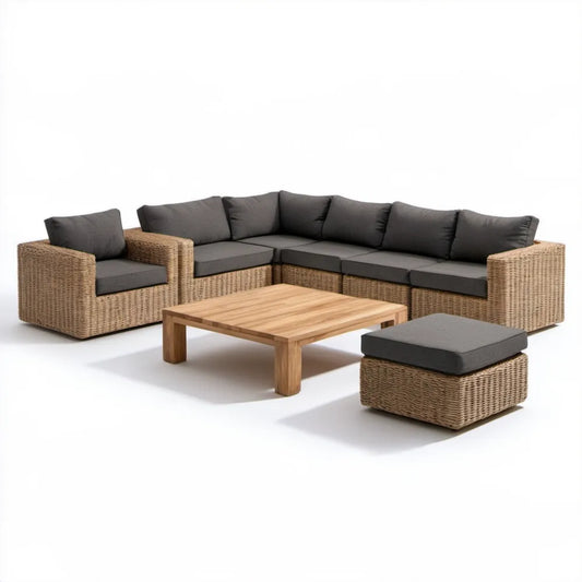 5-elementowy komplet ogrodowy z technorattanu, brązowy/grafitowy/jasnobrązowy, sofa narożna 240 × 180 cm