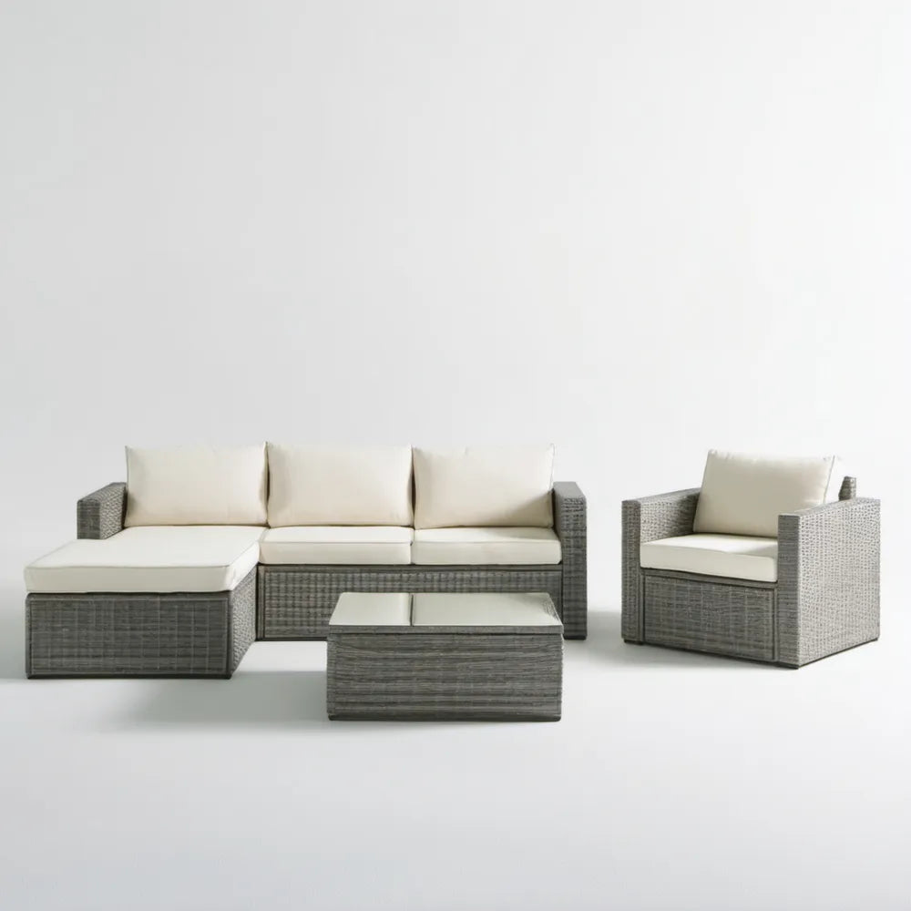 4-częściowy zestaw wypoczynkowy ogrodowy z technorattanu PE, szary/kremowy, sofa z leżanką 190 × 70 × 65 cm