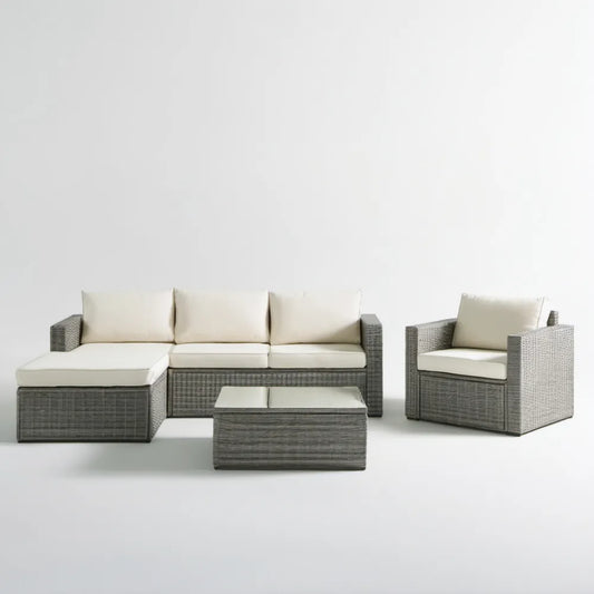 4-częściowy zestaw wypoczynkowy ogrodowy z technorattanu PE, szary/kremowy, sofa z leżanką 190 × 70 × 65 cm