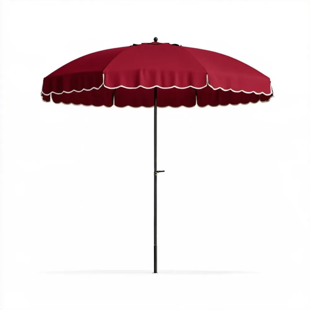 Bordowy parasol ogrodowy z białą lamówką, okrągły Ø300 cm, wysokość 250 cm