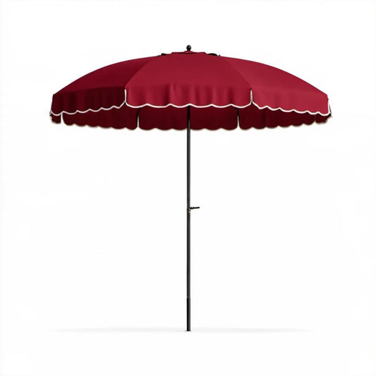 Bordowy parasol ogrodowy z białą lamówką, okrągły Ø300 cm, wysokość 250 cm