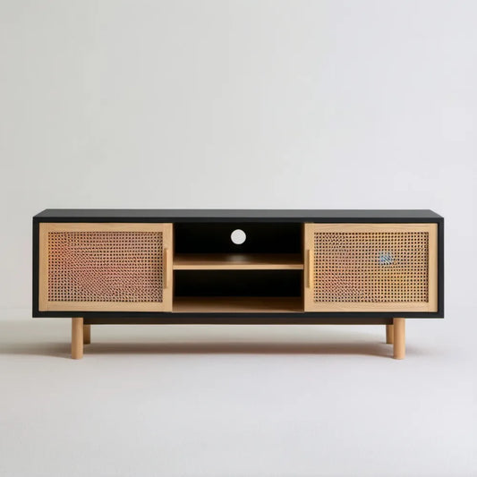 Szafka RTV z rattanu i MDF, czarno-naturalna, 140 x 40 x 55 cm