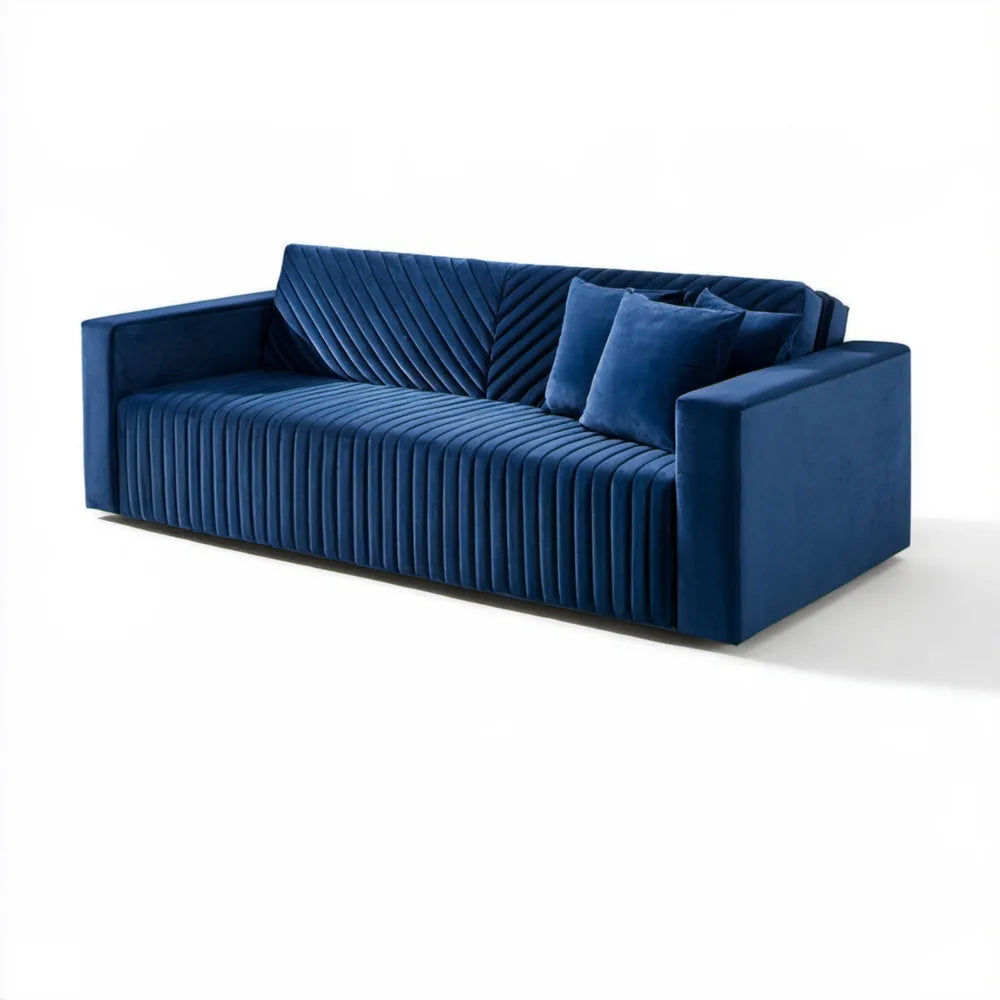 Granatowa sofa trzyosobowa z 2 poduszkami, aksamit poliestrowy, 220 x 95 x 85 cm