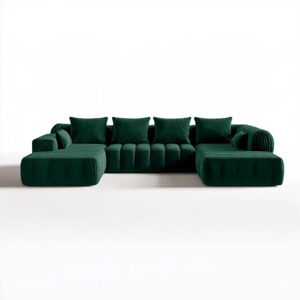 Ciemnozielona sofa modułowa w kształcie U z weluru, 300 × 160 × 75 cm