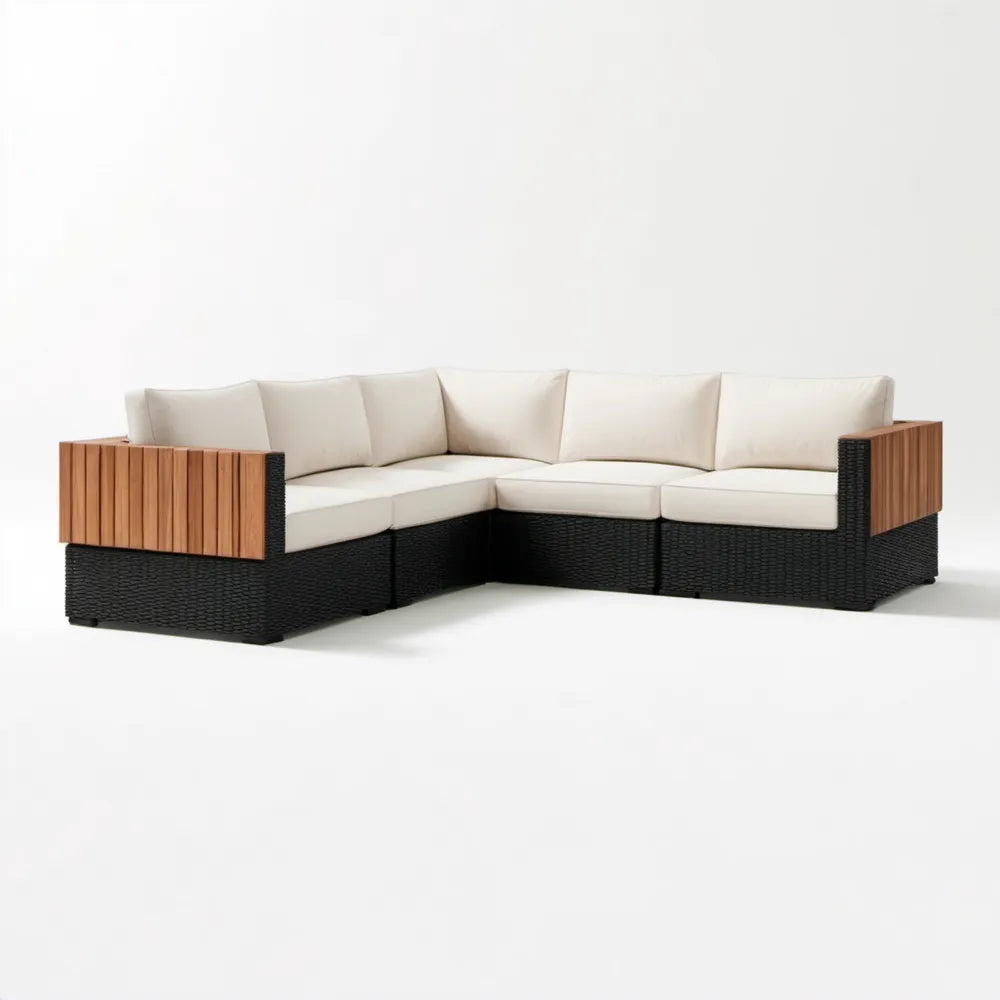 Modułowy narożnik ogrodowy z technorattanu i drewna akacjowego, beżowo-czarno-brązowy, 280 x 220 x 65 cm