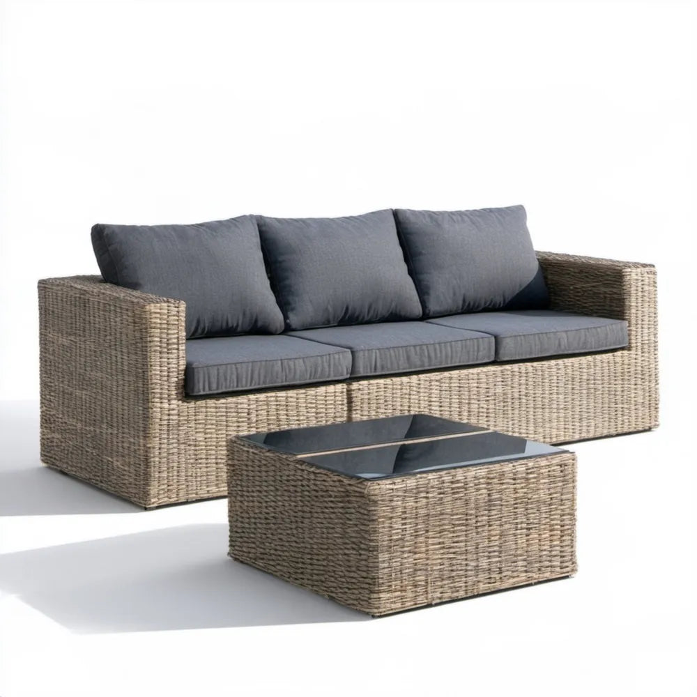 Zestaw ogrodowy z technorattanu: sofa 3-osobowa 200 × 75 × 70 cm i stolik 100 × 60 × 45 cm, beżowy melanż/ciemnoszary/czarny