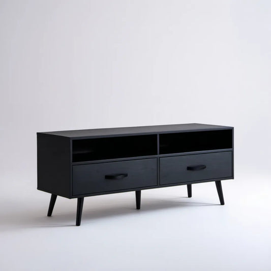 Czarna konstrukcja z MDF z 2 szufladami i otwartymi wnękami, 140 x 40 x 55 cm