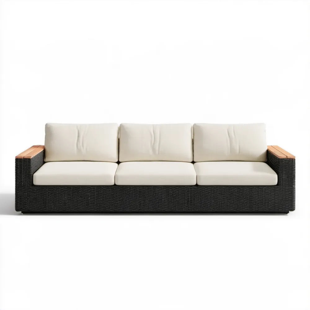 3-osobowa sofa ogrodowa z technorattanu PE kremowo-czarna z akacjowymi podłokietnikami 210 x 75 x 70 cm