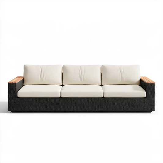 3-osobowa sofa ogrodowa z technorattanu PE kremowo-czarna z akacjowymi podłokietnikami 210 x 75 x 70 cm