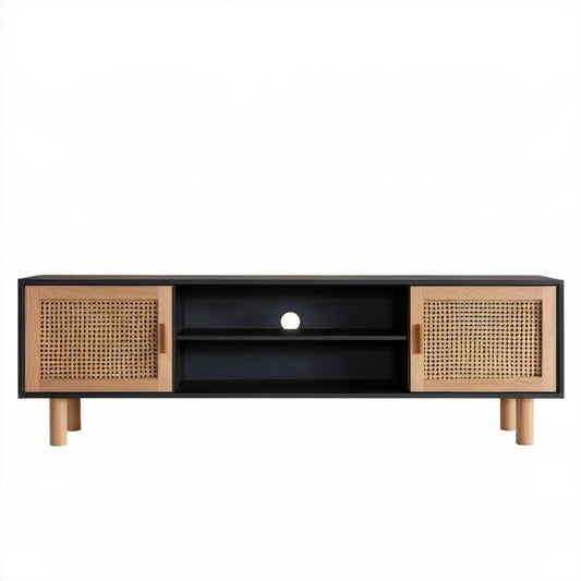 Szafka RTV z MDF i naturalnego rattanu, Czarna/Naturalny dąb, 160 x 40 x 55 cm