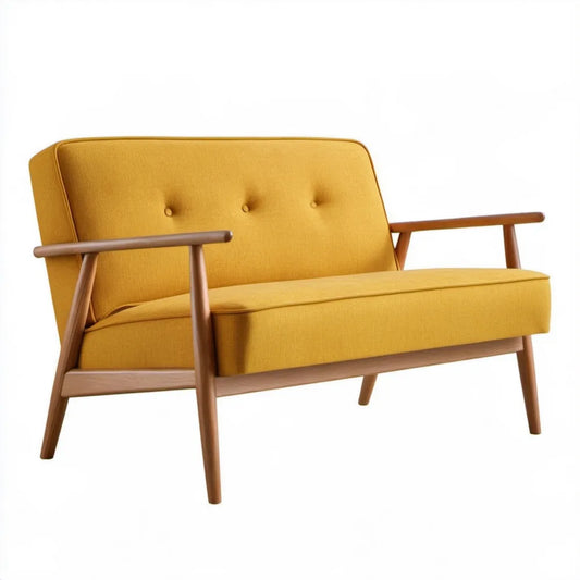 Dwuosobowa sofa musztardowa z drewnianymi podłokietnikami, 120 x 75 x 80 cm
