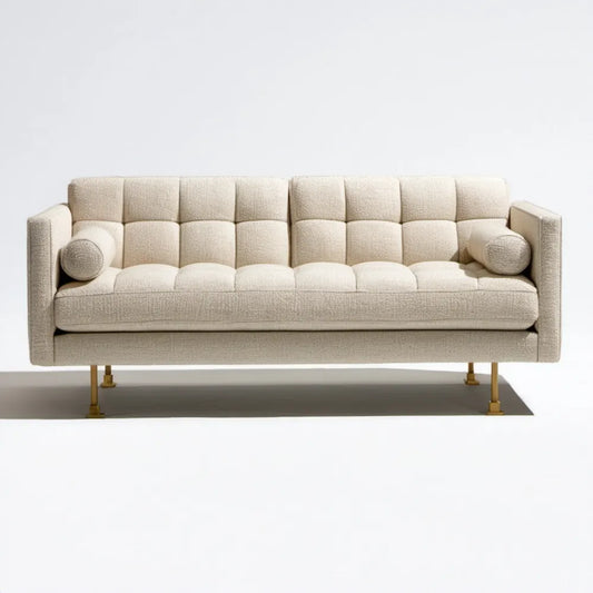 Kremowa sofa trzyosobowa bouclé ze złotymi nogami, 220 x 90 x 80 cm