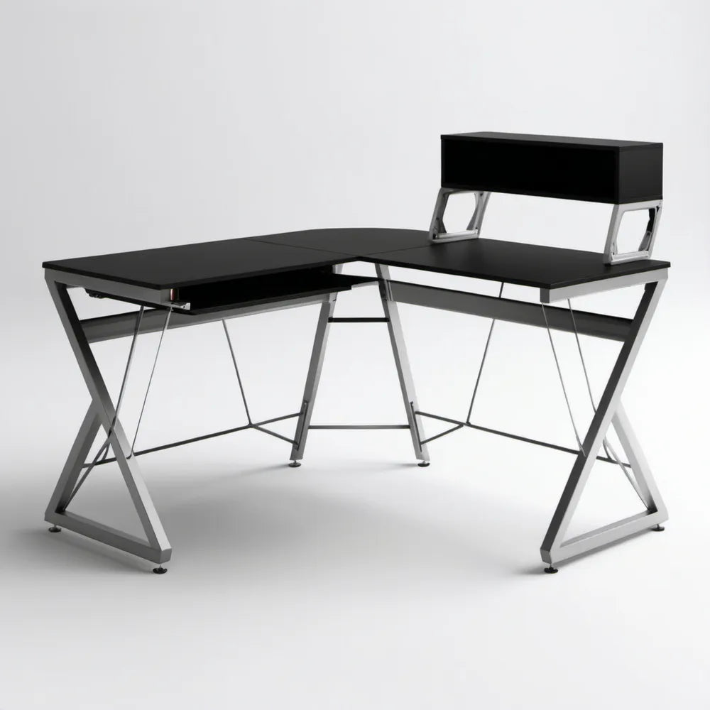 Czarne biurko narożne w kształcie L z półką MDF 160 x 120 x 75 cm