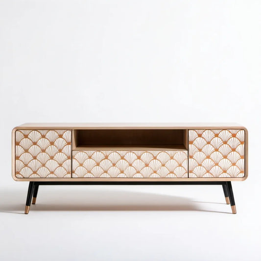 Szafka RTV beżowo-biało-złota z czarnymi nogami, 180 × 40 × 75 cm