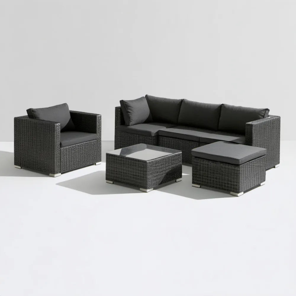 Grafitowo-ciemnoszary komplet ogrodowy z technorattanu: sofa 124 x 70 x 63 cm, fotel, stolik i pufa