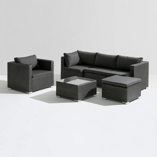 Grafitowo-ciemnoszary komplet ogrodowy z technorattanu: sofa 124 x 70 x 63 cm, fotel, stolik i pufa