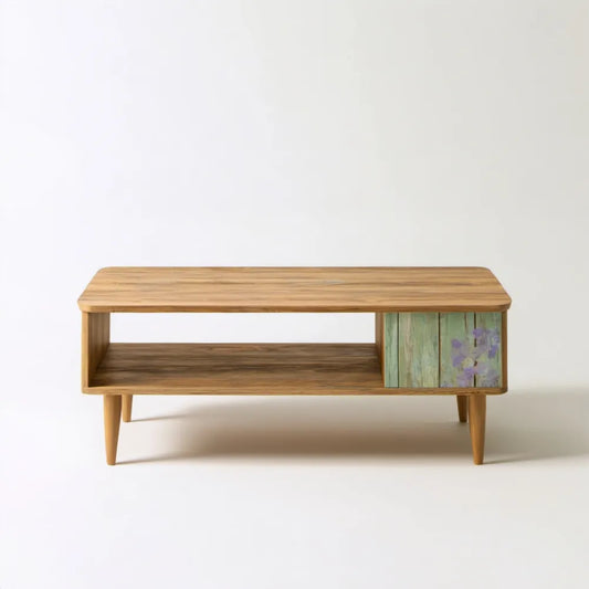 Drewniany stolik kawowy z drewna mango, naturalny brąz, zielony i fioletowy, 110 x 55 x 45 cm