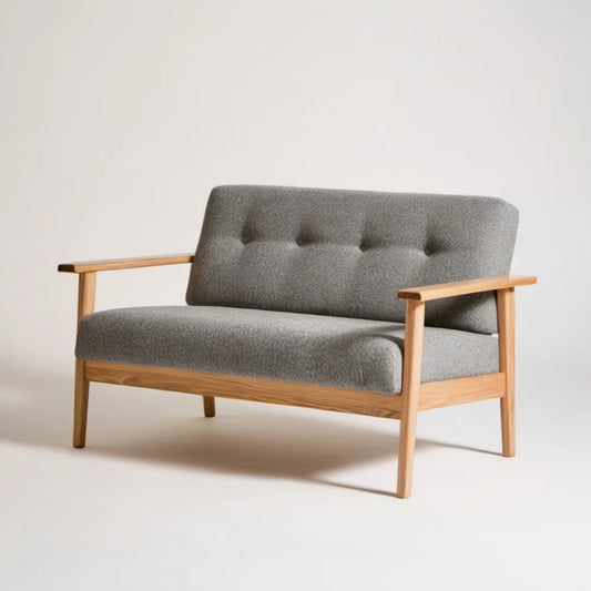 Dwuosobowa sofa skandynawska szara z jasnobrązowym drewnianym stelażem 120 x 70 x 78 cm