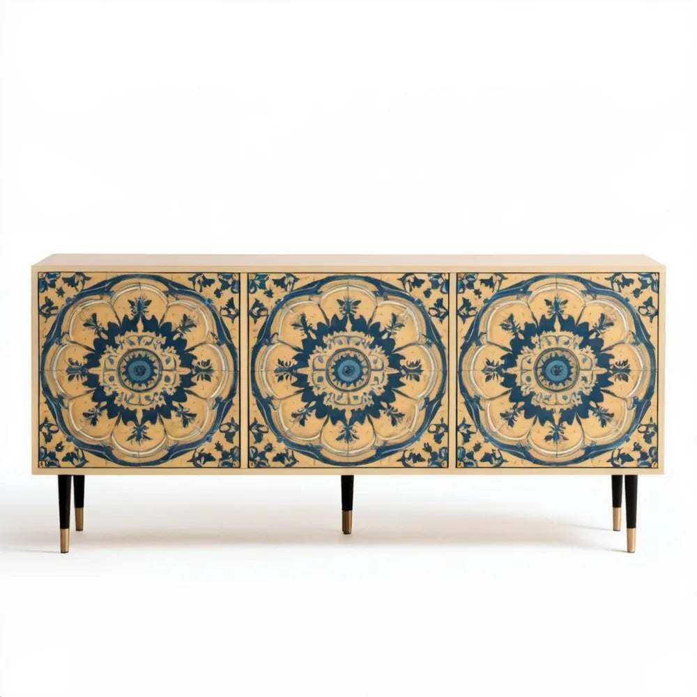 Trzydrzwiowa komoda z MDF beżowo-granatowa 160 x 40 x 80 cm