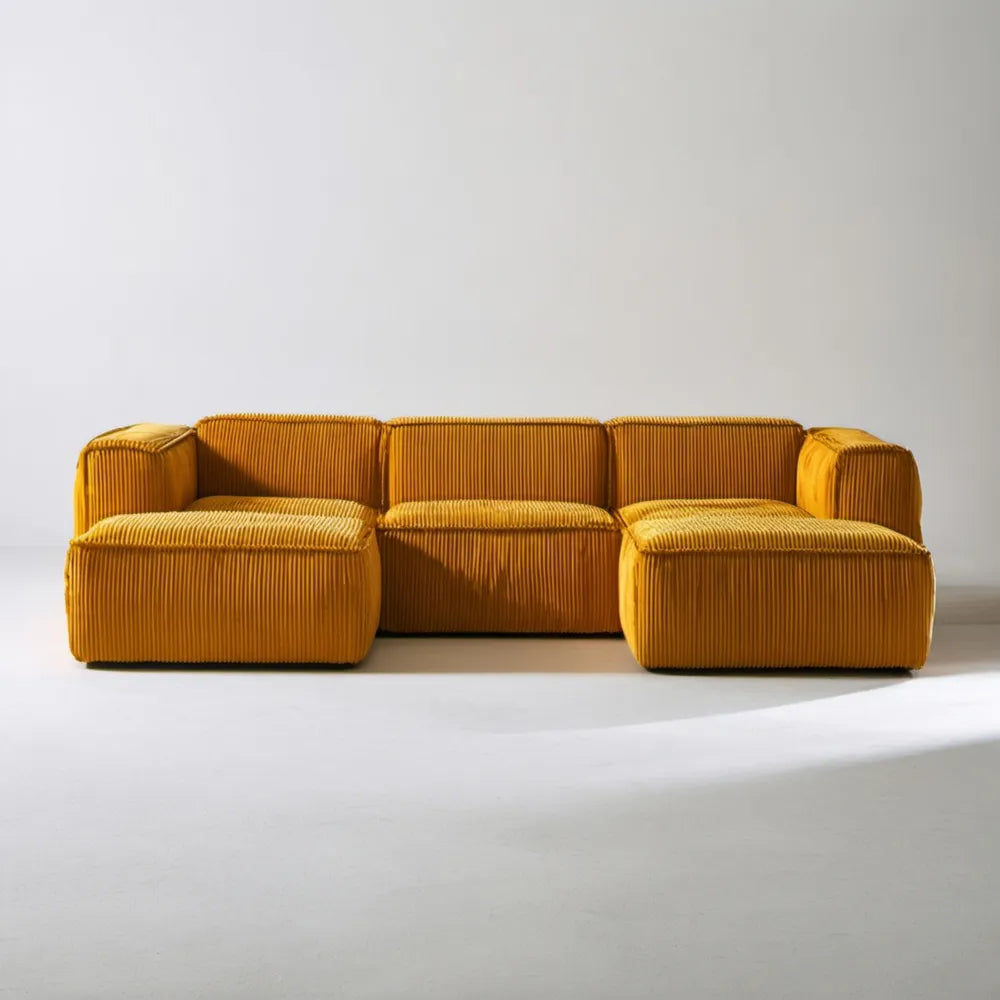 Musztardowa sofa modułowa 3-osobowa ze sztruksu, 300 × 105 × 72 cm
