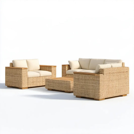 4-częściowy zestaw wypoczynkowy z technorattanu beżowy/kremowy/brązowy, sofa 180 × 80 × 78 cm, fotele i stolik