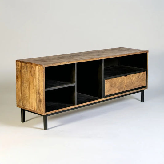Szafka RTV z litego drewna mango i stali, naturalny brąz/czarna, 120 x 40 x 55 cm