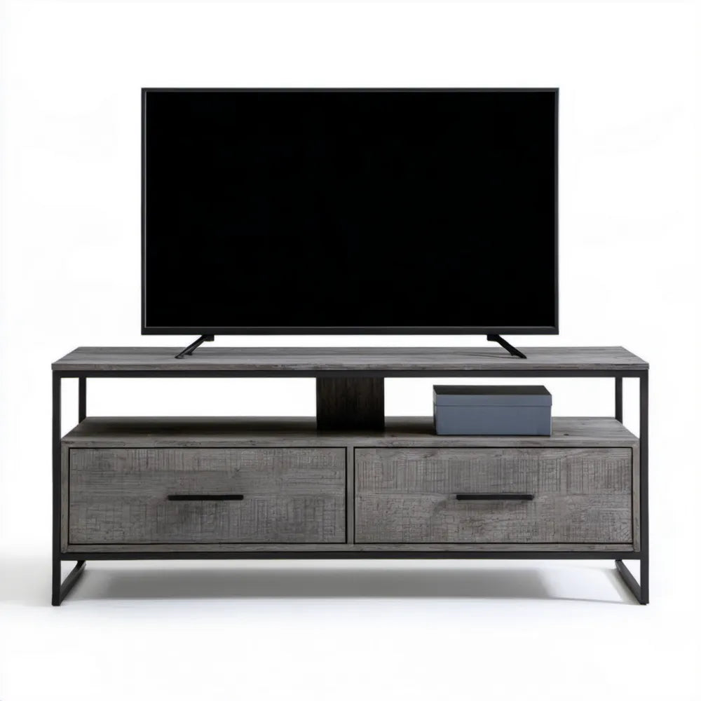 Szafka pod telewizor z 2 szufladami, MDF i stal, szaro-czarna, 140 x 40 x 60 cm