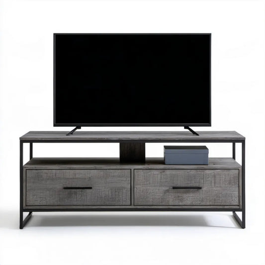 Szafka pod telewizor z 2 szufladami, MDF i stal, szaro-czarna, 140 x 40 x 60 cm