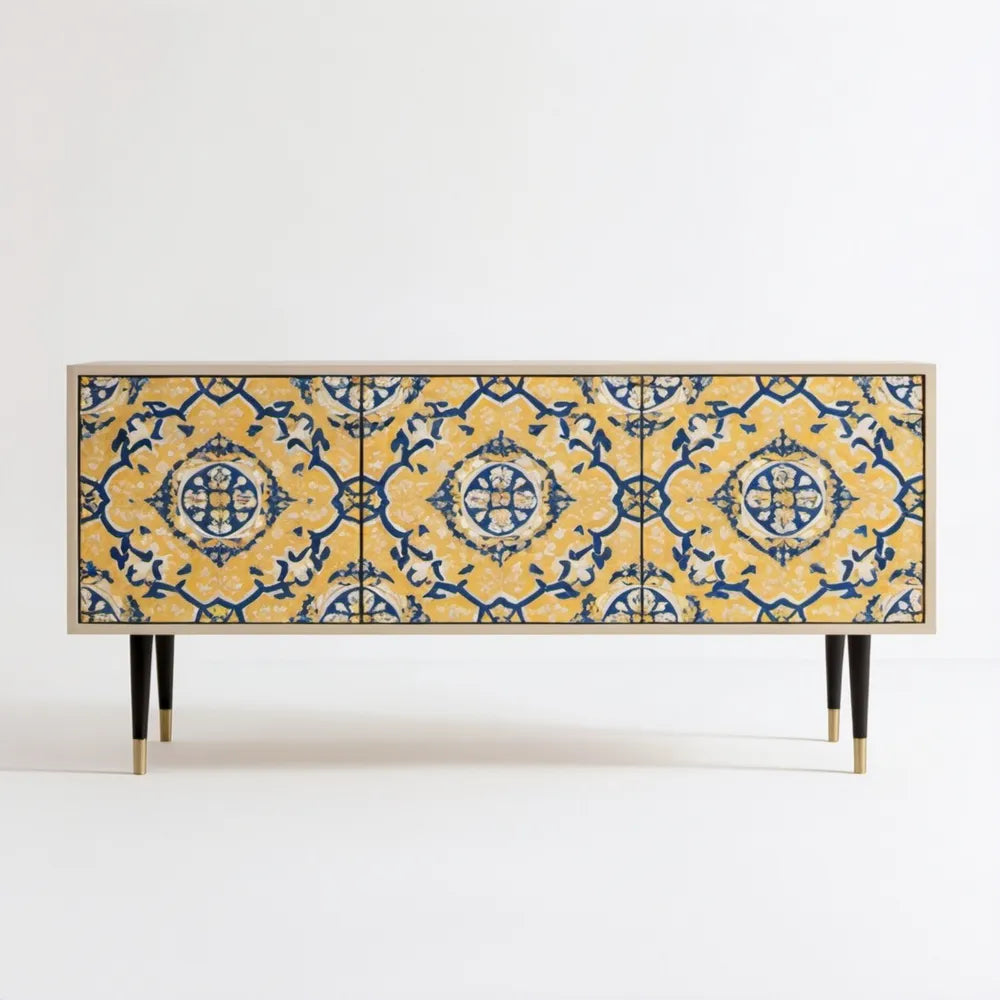 Żółto-granatowa szafka RTV z MDF 160 x 40 x 75 cm z 3 drzwiami