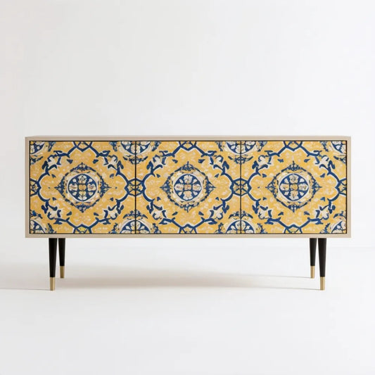 Żółto-granatowa szafka RTV z MDF 160 x 40 x 75 cm z 3 drzwiami