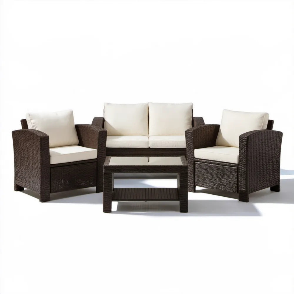 Brązowy zestaw wypoczynkowy z technorattanu z kremowymi poduszkami – sofa 130 × 70 × 75 cm, 2 fotele i stolik