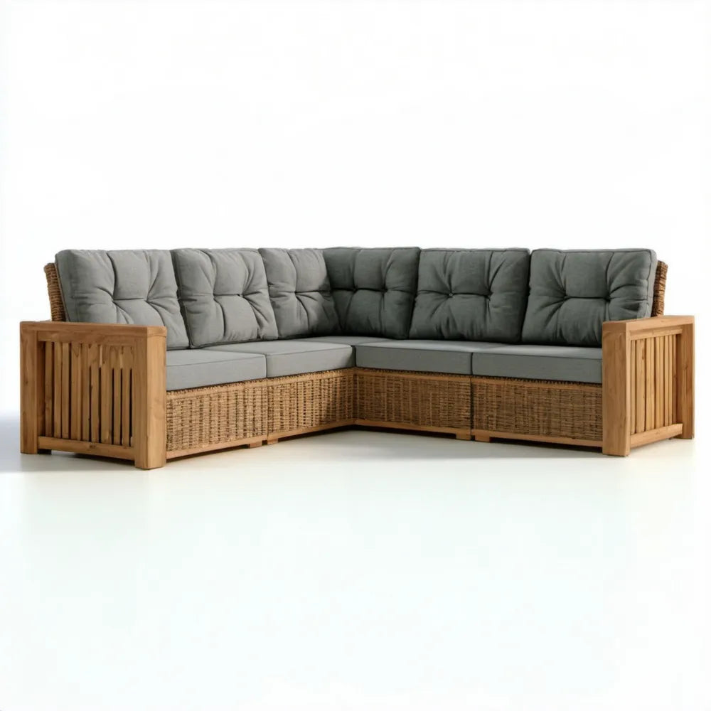 Narożna sofa ogrodowa z naturalnego rattanu i litego drewna akacjowego, szaro-naturalna, 230 × 230 × 70 cm